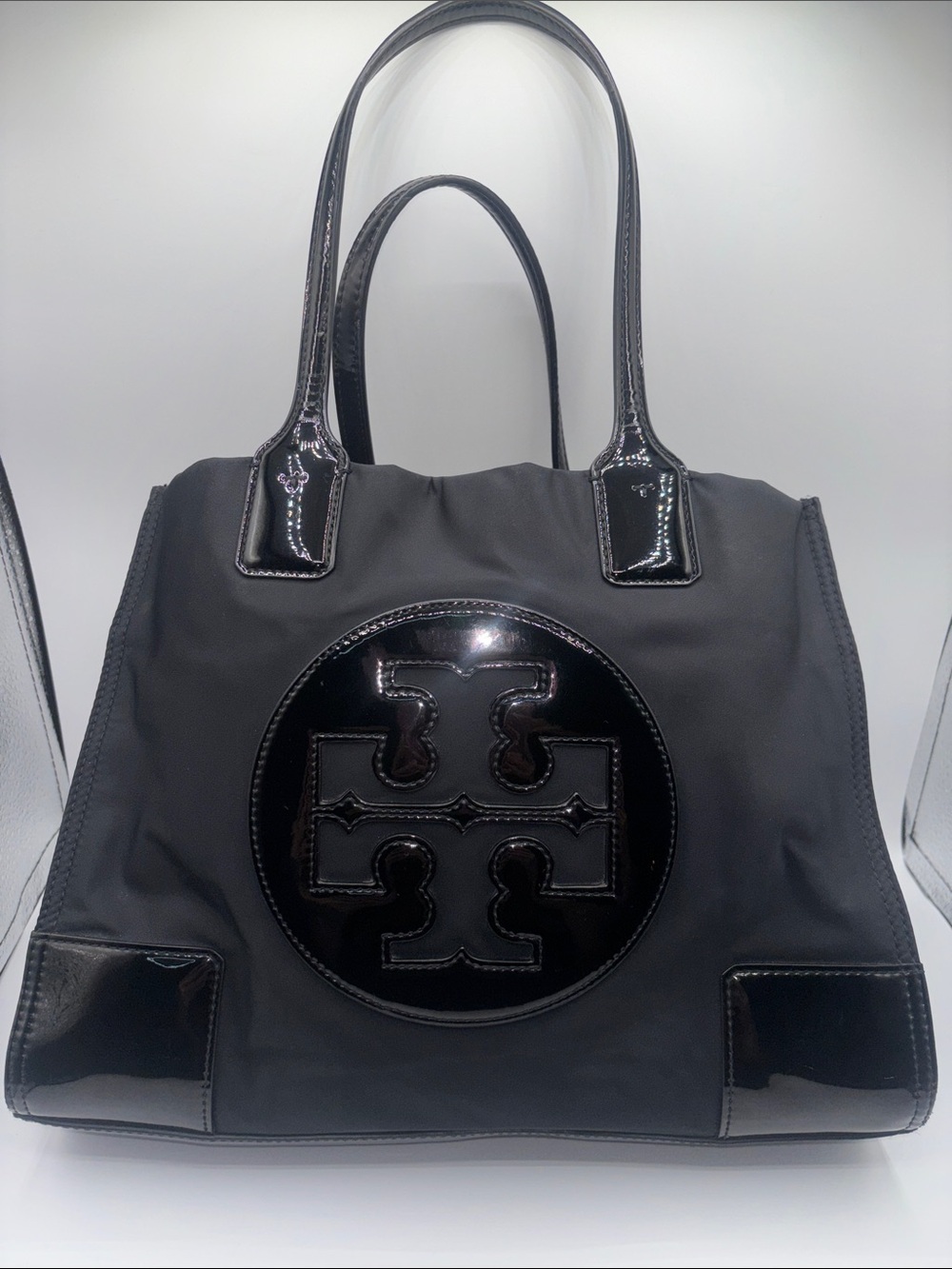 Tory Burch Black Logo Patent-Trim Tote